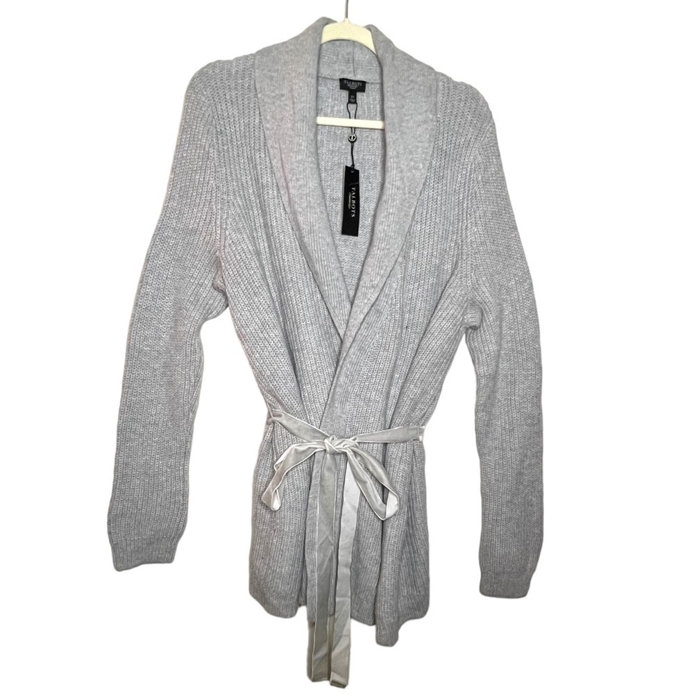 Talbots Women Lambswool Blend Chunky Knit Wrap Sweater with Velvet Tie Grey 2X
